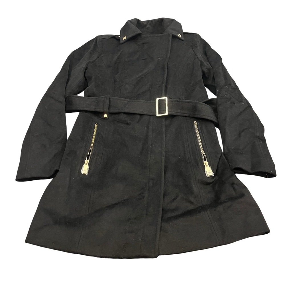 NEW Michael Kors Trench Coat Small Black Belted Asymmetrical Zip Wool Blend Gold